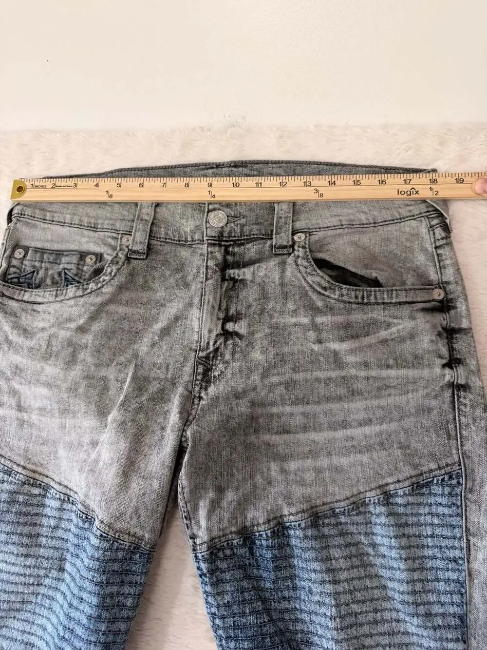 True Religion Slim Runstitch Moto Jeans Grey Acid Wash 36